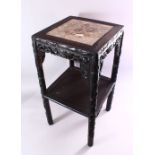 A 19TH CENTURY CHINESE CARVED BAMBOO HARDWOOD MARBLE TOP PLANT STAND, the top inset with a square