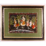 A LARGE FRAMED ISLAMIC / INDIAN PAINTING ON TEXTILE, depicting a blue skin god mid parade or