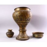 THREE 19TH/20TH CENTURY BRASS VESSELS, to include a pedestal vase, circular bowl and vase, largest