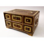 A GOOD 19TH CENTURY INDIAN WOODEN BOX, with six drawers and band of inlaid mother of pearl, 34cm