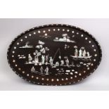 A GOOD 19TH CENTURY CHINESE HARDWOOD & MOTHER OF PEARL INLAID TRAY, the tray inlaid with shell to