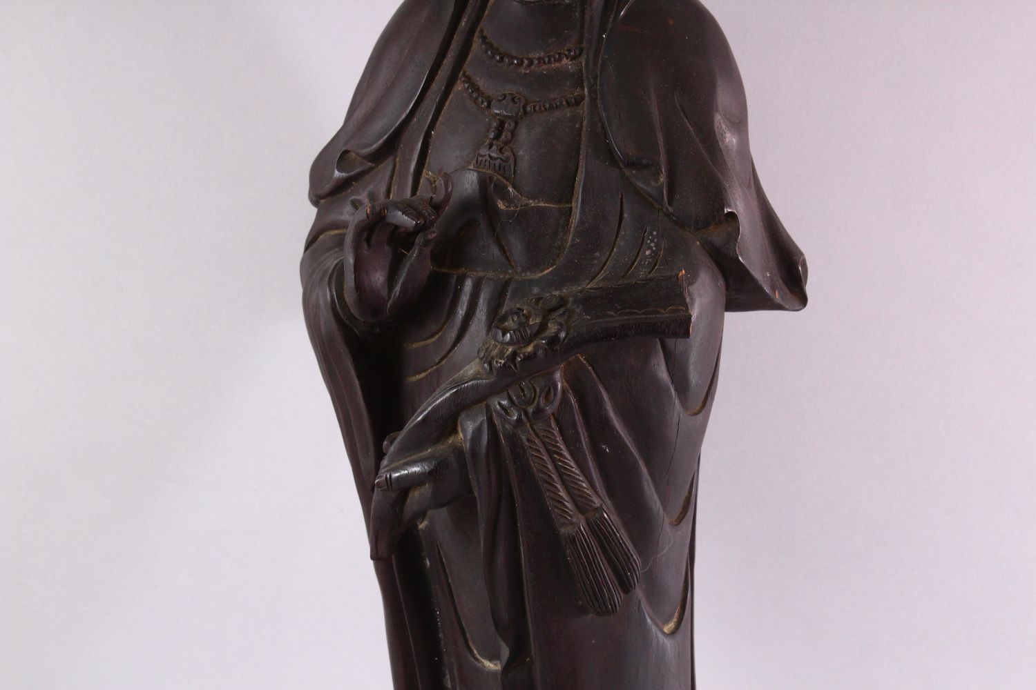 A LARGE 19TH / 20TH CENTURY CHINESE CARVED HARDWOOD FIGURE OF GUANYIN, stood upon a lotus base, - Image 3 of 6