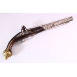 AN 18TH CENTURY ANGLO PERSIAN FLINTLOCK PISTOL, barrel with later overlaid chased silver decoration,