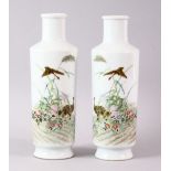A PAIR OF SMALL REPUBLIC STYLE BOTTLES VASES, each painted with geese amongst flowers with
