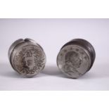 TWO GOOD CHINESE COIN / CURRENCY MOULDS OR PRESS, one with a figure and calligraphy, the other