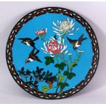 A JAPANESE MEIJI PERIOD CLOISONNE DISH, decorated with scenes of birds amongst native flora, 30.5cm