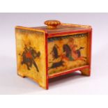 A 19TH CENTURY INDIAN MARBLE BOX, with painted scenes of hunting and floral decoration, 15cm high,