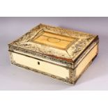 A 19TH CENTURY VITZAGAPATAM IVORY VENEERED SANDLEWOOD SEWING BOX, with penwork decoration and