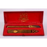 A FINE 19TH CENTURY TURKISH OTTOMAN TWO PART WRITING SET, with gold inlaid decoration in a fitted