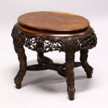 A LATE 19TH CENTURY CHINESE HARDWOOD OVAL TABLE, plain top, supported on pierced and carved frieze