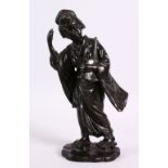 A JAPANESE MEIJI PERIOD BRONZE OKIMONO OF A GEISHA GIRL, stood holding her musical instrument,