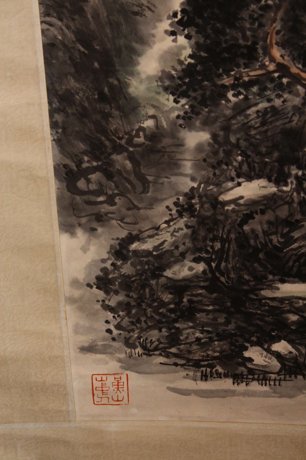 A 20TH CENTURY CHINESE SCROLL PAINTING, depicting a mountainous landscape, image 112cm x 42cm. - Image 4 of 4