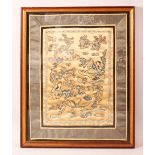 A MID 20TH CENTURY OR EARLIER CHINESE SILKWORK PICTURE depicting figures and trees, framed and