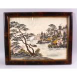 A CHINESE NEEDLEWORK PICTURE, river scene with a junk and buildings, framed and glazed, image 28cm x