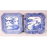 A PAIR OF CHINESE BLUE AND WHITE OCTAGONAL SHAPED PORCELAIN DISHES, each painted to the centre