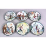A SET OF SIX CHINESE FAMILLE ROSE PORCELAIN PLATES, each with a different view of a female figure