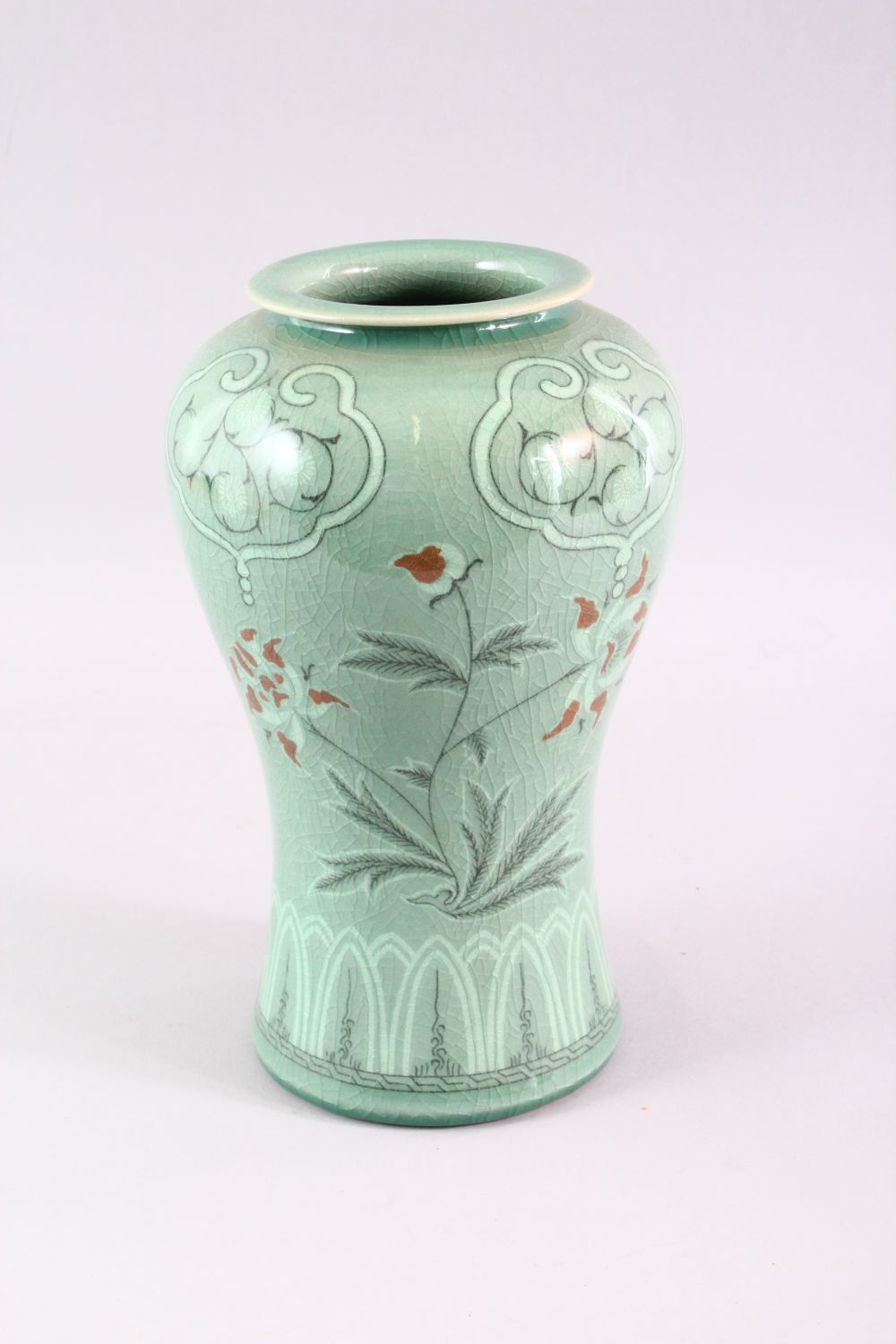 THREE 20TH CENTURY KOREAN CELADON PORCELAIN TEA SET, the body decorated with formal floral - Image 4 of 6