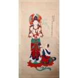 A GOOD 20TH CENTURY CHINESE SCROLL PAINTING, painted with a standing female deity, an attendant