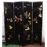 A GOOD 19TH / 20TH CENTURY CHINESE FOUR FOLD HARDSTONE ROOM DIVIDING SCREEN, inlaid with carved hard