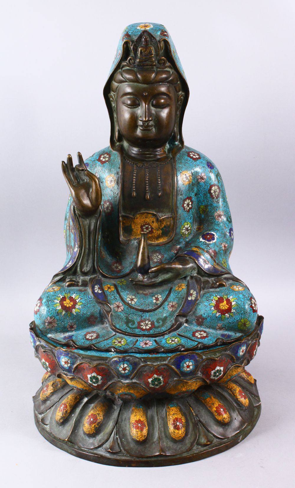 A FINE 19TH CENTURY CHINESE BRONZE & CLOISONNE MODEL OF GUANYIN SEATED UPON LOTUS, guanyin modeled