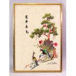 20TH CENTURY CHINESE SCHOOL, a silk embroidered picture depicting peacocks by a prunus tree,