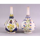 TWO ISLAMIC FLORAL DECORATED ROSEWATER SPRINKLERS, 15cm high.