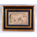 A CHINESE SANDSTONE RELIEF PANEL depicting a Buddhistic lion, framed. 20cms x 31cms.