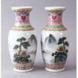 A PAIR OF CHINESE REPUBLIC STYLE FAMILLE ROSE PORCELAIN VASES, decorated with landscape scenes