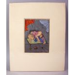 AN INDIAN HAND PAINTED MANUSCRIPT PAGE, depicting a couple in erotic scene, image size 19cm x 14cm.