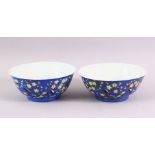 A PAIR OF CHINESE BLUE GROUND PORCELAIN BOWLS, each decorated with birds perched on blossoming