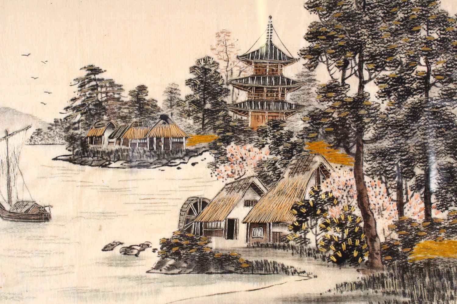 A 20TH CENTURY JAPANESE EMBROIDERED NEEDLE WORK PICTURE OF A LANDSCAPE. 45cm x 35cm. - Image 2 of 4