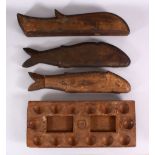 FOUR INDIAN CARVED WOODEN FISH FORMED SPICE BOXES - one of rectangular form, 46cm, 50cm, 44cm, the