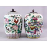 TWO 19TH CENTURY CHINESE FAMILLE ROSE PORCELAIN GINGER JARS & COVERS, each decorated with profuse