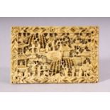 A 19TH CENTURY CANTON IVORY CARVED RECTANGULAR PANEL, depicting figures amongst and landscape