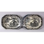 A PAIR OF CHINESE 19TH CENTURY WILLOW PATTERN SERVING DISHES, 33cm wide.