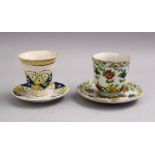 TWO KUTAHYA POTTERY CUPS & SAUCERS (4), each decorated with floral decoration, largest cup: 8.5cm