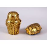 TWO PERSIAN / ISLAMIC LACQUERED BOXED - OWL & TORTOISE, 10cm high & 9cm wide.