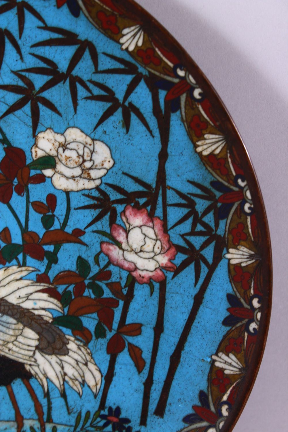 A JAPANESE MEIJI PERIOD CLOISONNE DISH, decorated with scenes of craned in water amongst bamboo, - Image 5 of 6
