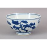 A CHINESE BLUE & WHITE PORCELAIN BOWL, the body with native flora and foliage, the base with a six