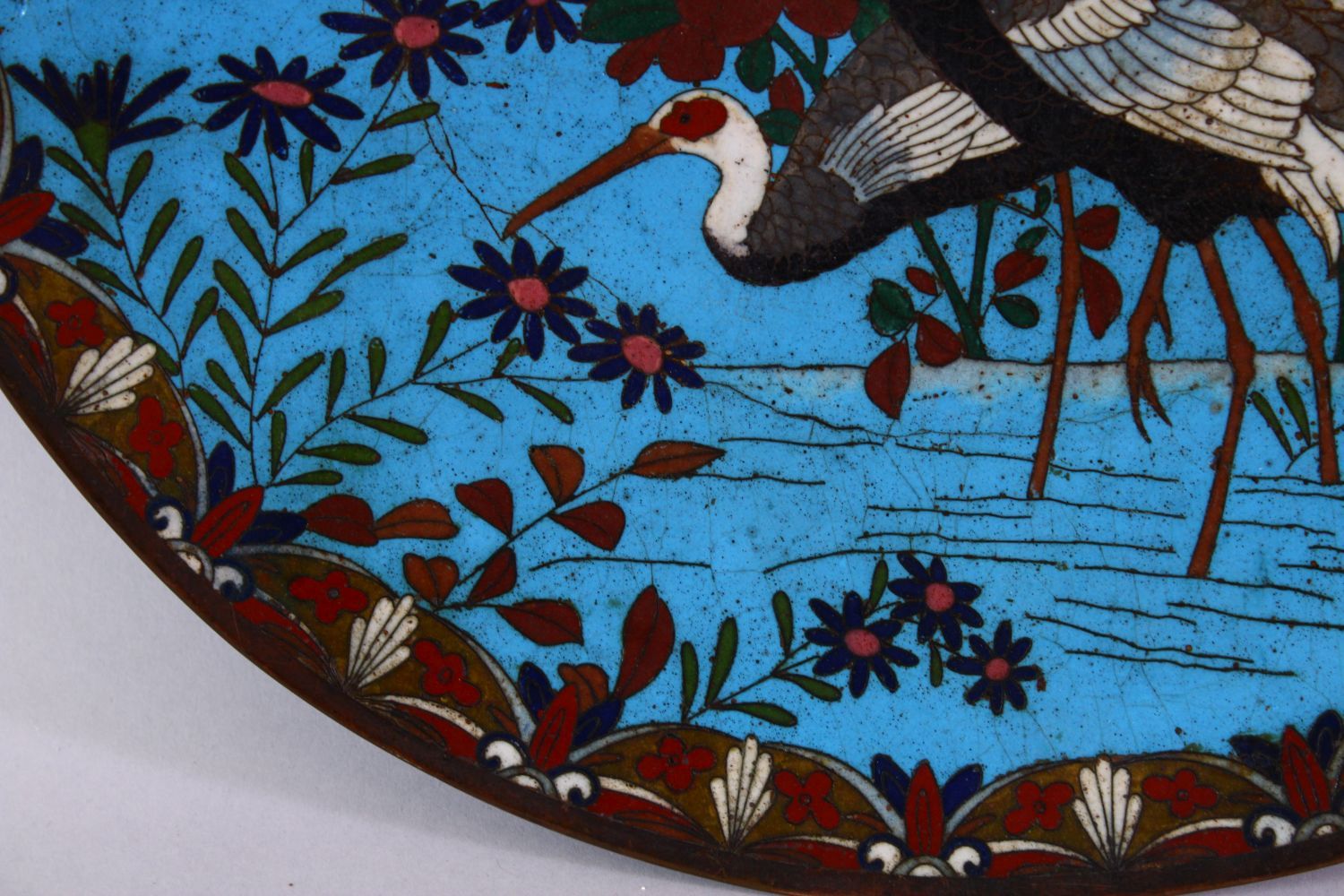 A JAPANESE MEIJI PERIOD CLOISONNE DISH, decorated with scenes of craned in water amongst bamboo, - Image 6 of 6