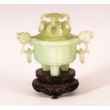 A SMALL CHINESE JADE CENSER, COVER AND STAND, 12cm wide.