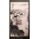 TWO 20TH CENTURY CHINESE SCROLL PAINTINGS, one depicting junks in a river landscape with