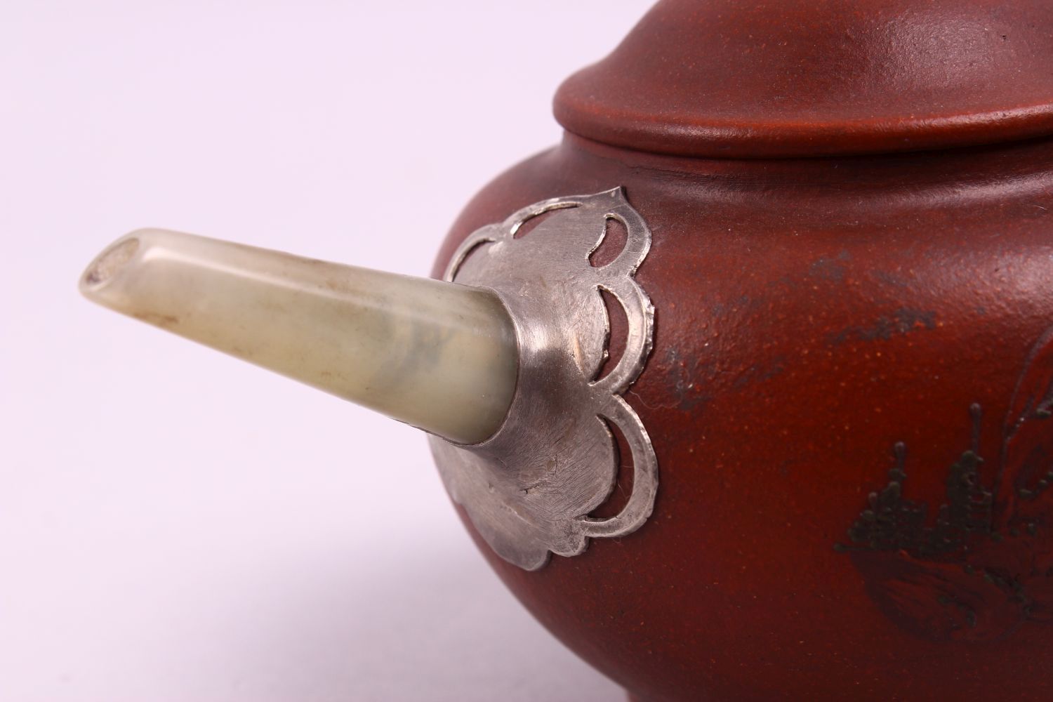A 19TH / 20TH CENTURY CHINESE YIXING CLAY & JADE TEAPOT, the pot with carved jade handle, spout - Image 4 of 6