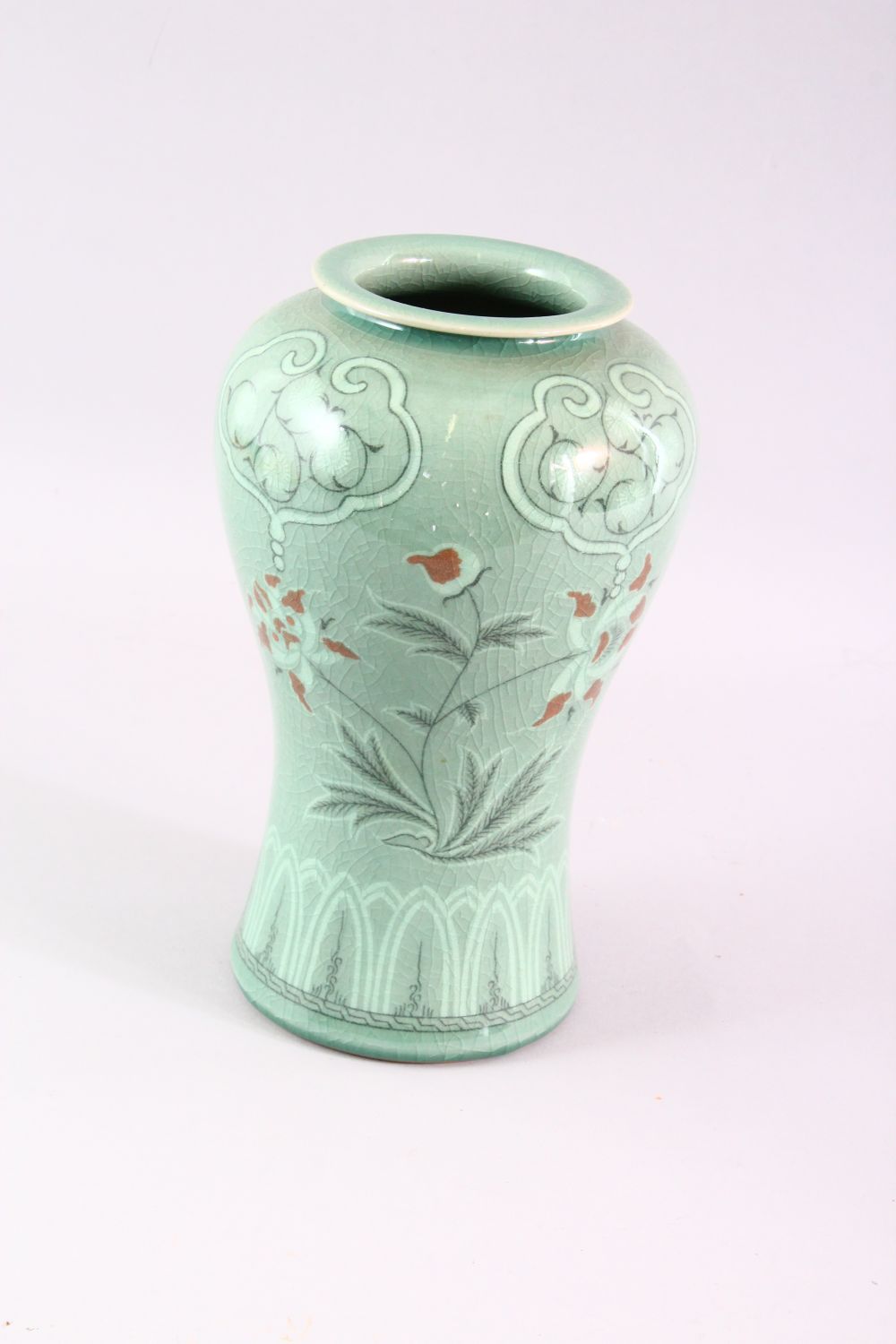 THREE 20TH CENTURY KOREAN CELADON PORCELAIN TEA SET, the body decorated with formal floral - Image 5 of 6