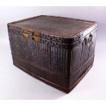 A CHINESE BAMBOO AND RATTAN STORAGE CHEST, with hinged cover and carrying handles, 52cm wide, 33cm