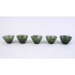 FIVE GOOD CHINESE CARVED SPINACH JADE BOWLS, 5cm.