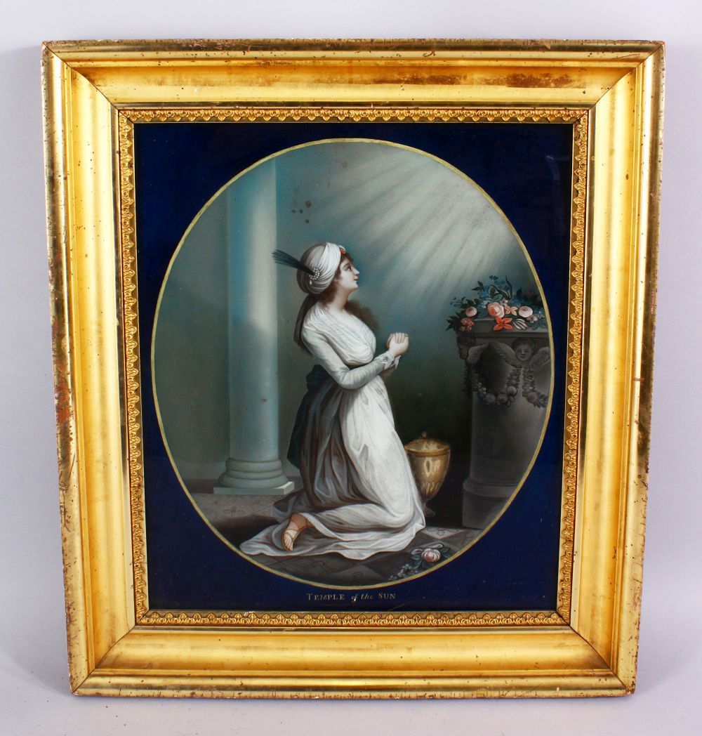 AN 18TH / 19TH CENTURY INDIAN EUROPEAN SCHOOL REVERSE PAINTED GLASS PICTURE OF A FEMALE FIGURE,