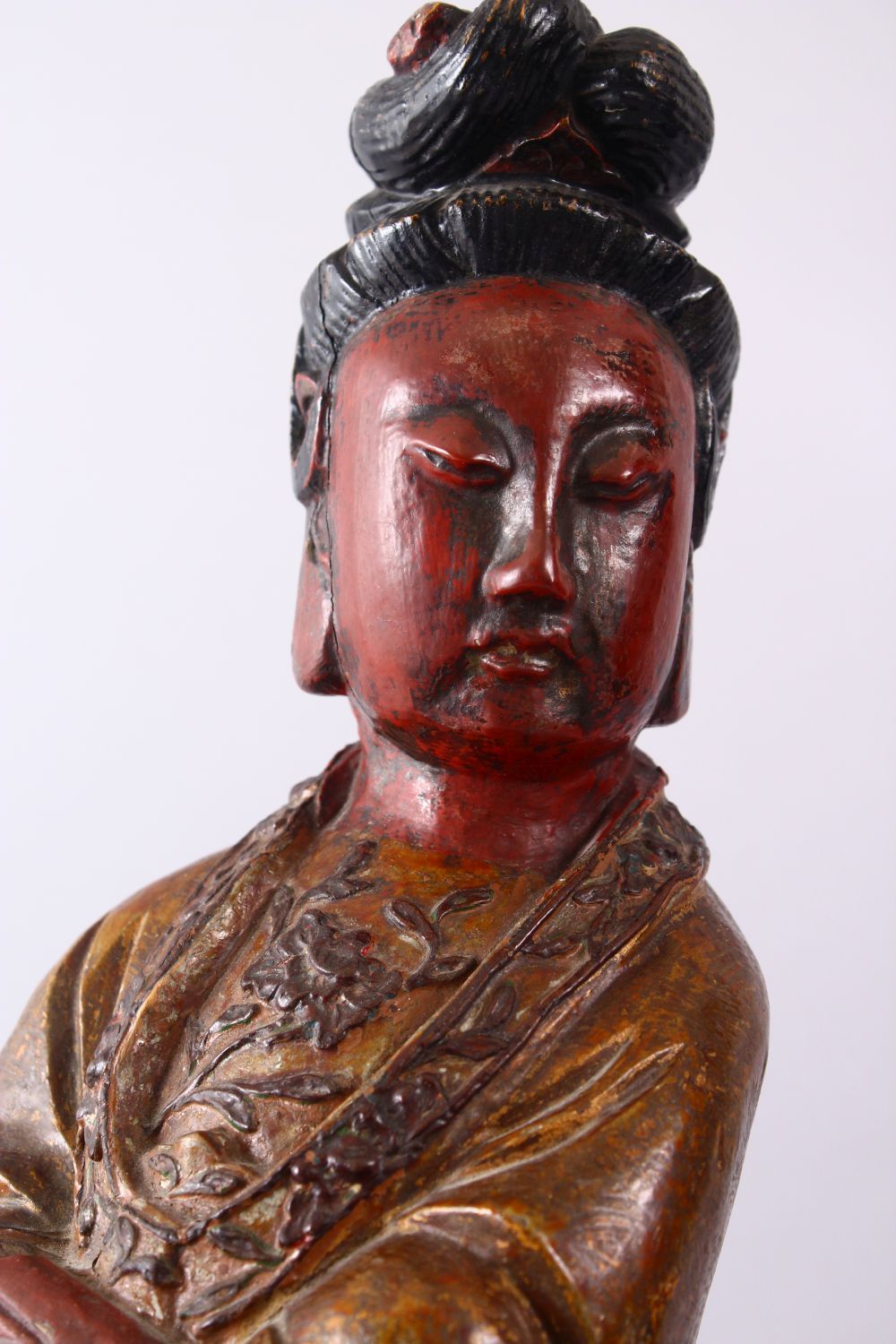 A LARGE 19TH CENTURY CHINESE CARVED AND LACQUERED WOODEN FIGURE OF GUANYIN, with carved wave - Image 2 of 6
