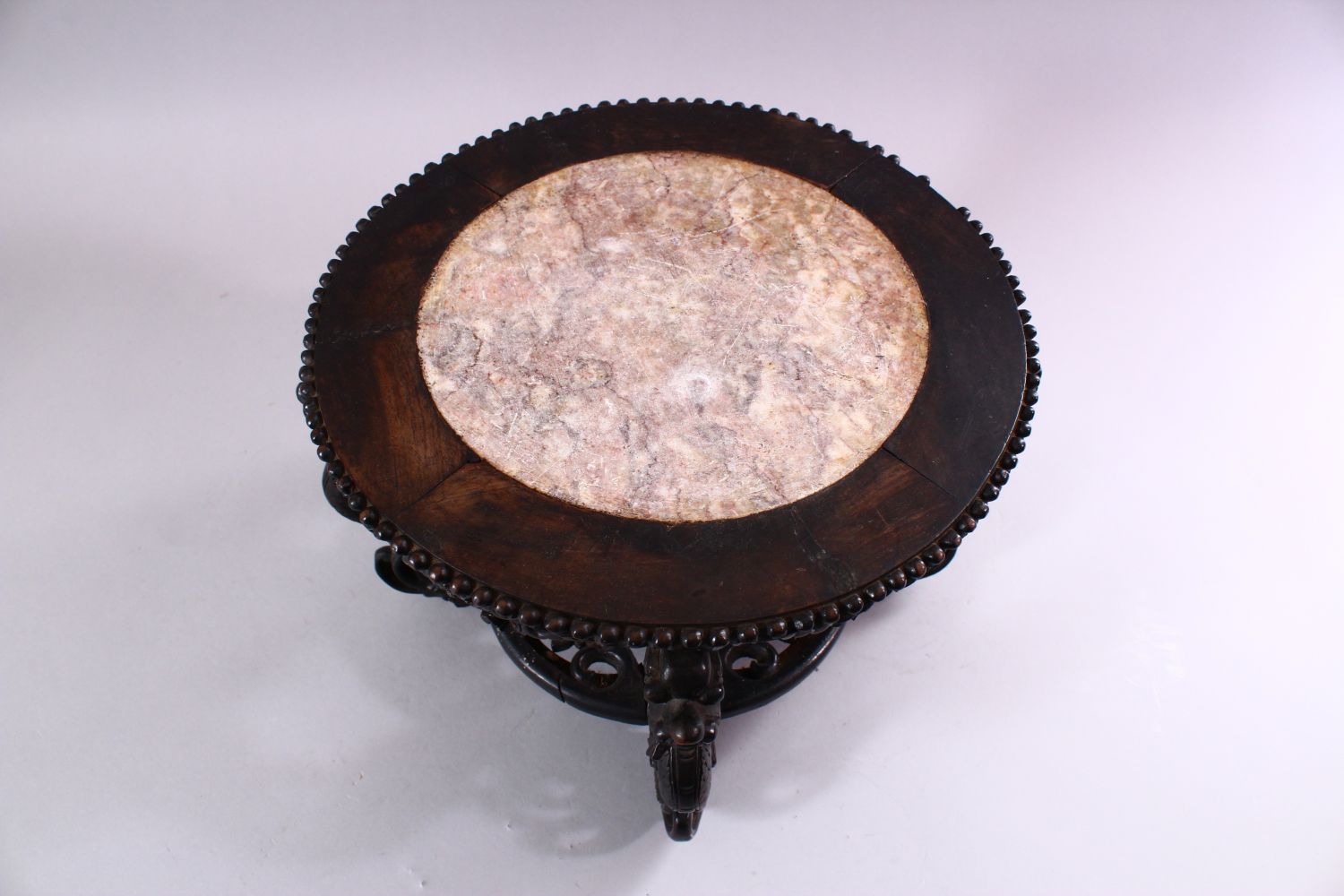 A GOOD CHINESE CARVED HARDWOOD STAND, with inlaid marble top, 22cm high, 30cm diameter. - Image 2 of 4