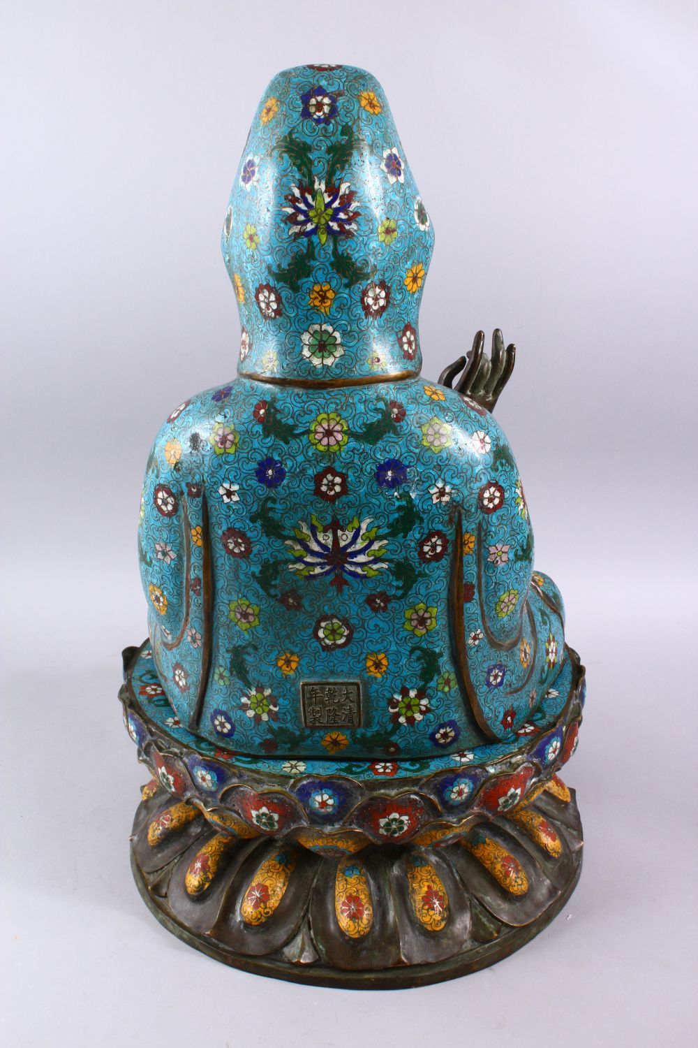 A FINE 19TH CENTURY CHINESE BRONZE & CLOISONNE MODEL OF GUANYIN SEATED UPON LOTUS, guanyin modeled - Image 6 of 6